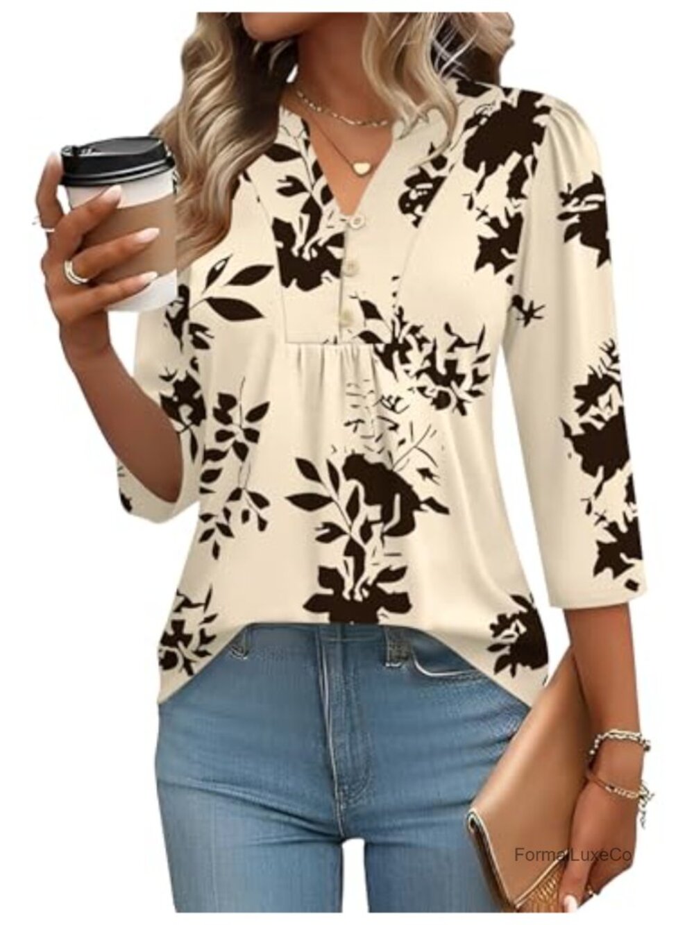 3/4 Sleeve Henley V-Neck Pleated Blouse Loose Fit Tunic Top